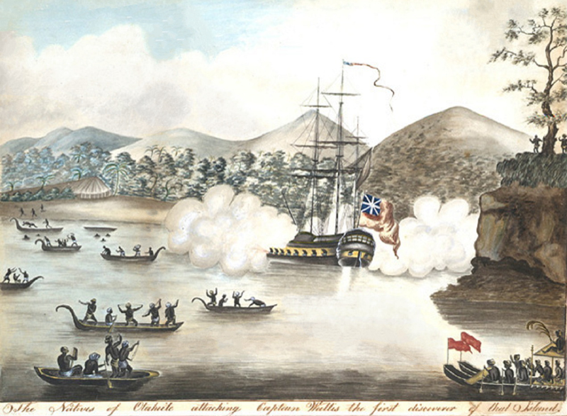 Representación de las hostilidades entre tahitianos y el Dolphins a su llegada. Wikimedia Commons